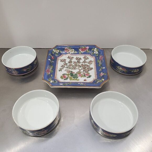 Bonsai Medallion Plate w/ 4 rice bowls Macau - Picture 2 of 9